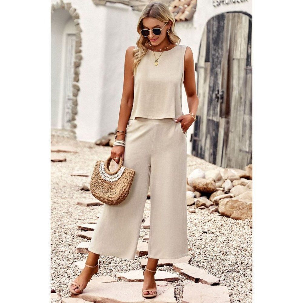 Buttoned Round Neck Tank and Wide Leg Pants Set Women's Cream​